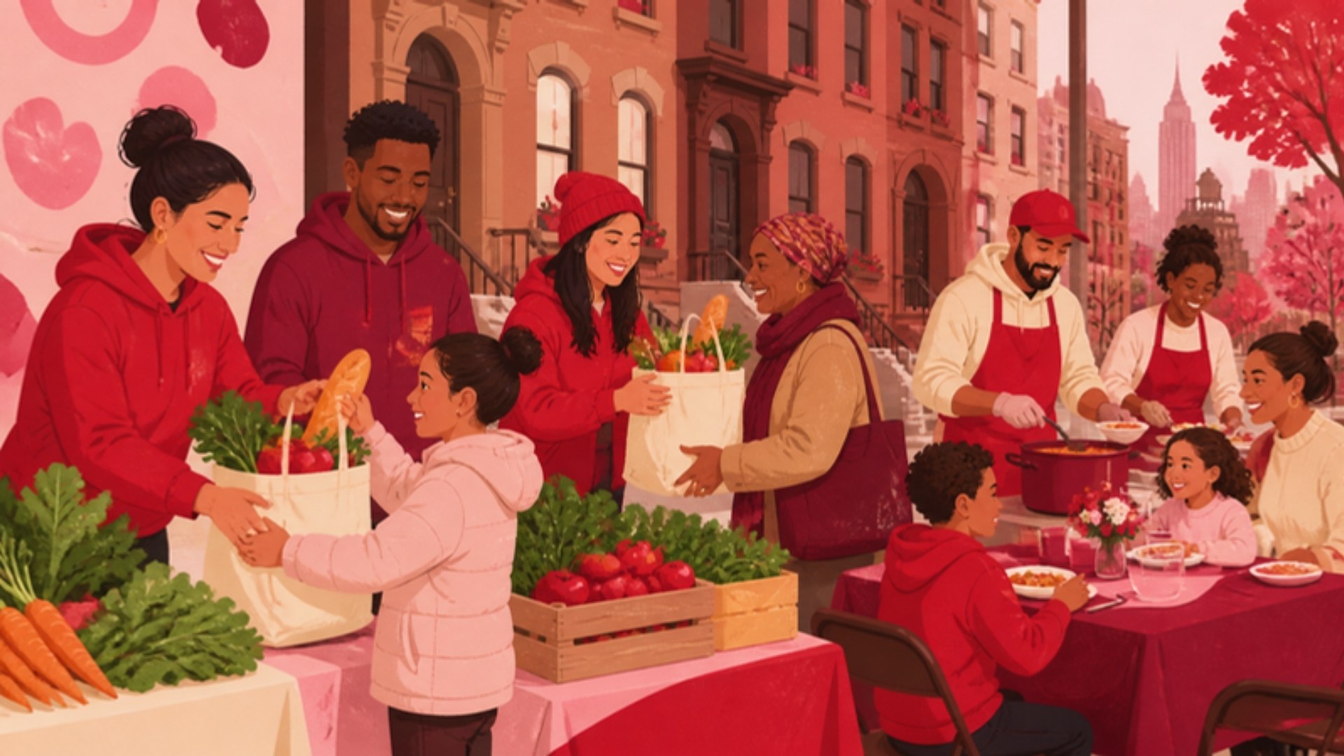 Illustration of volunteers distributing fresh food and groceries to New York City families
