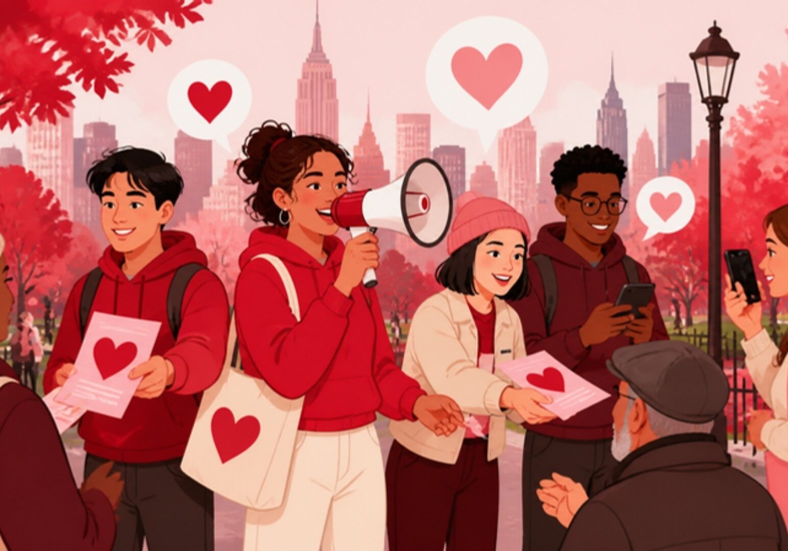 Illustration of young advocates spreading the word in a New York City park