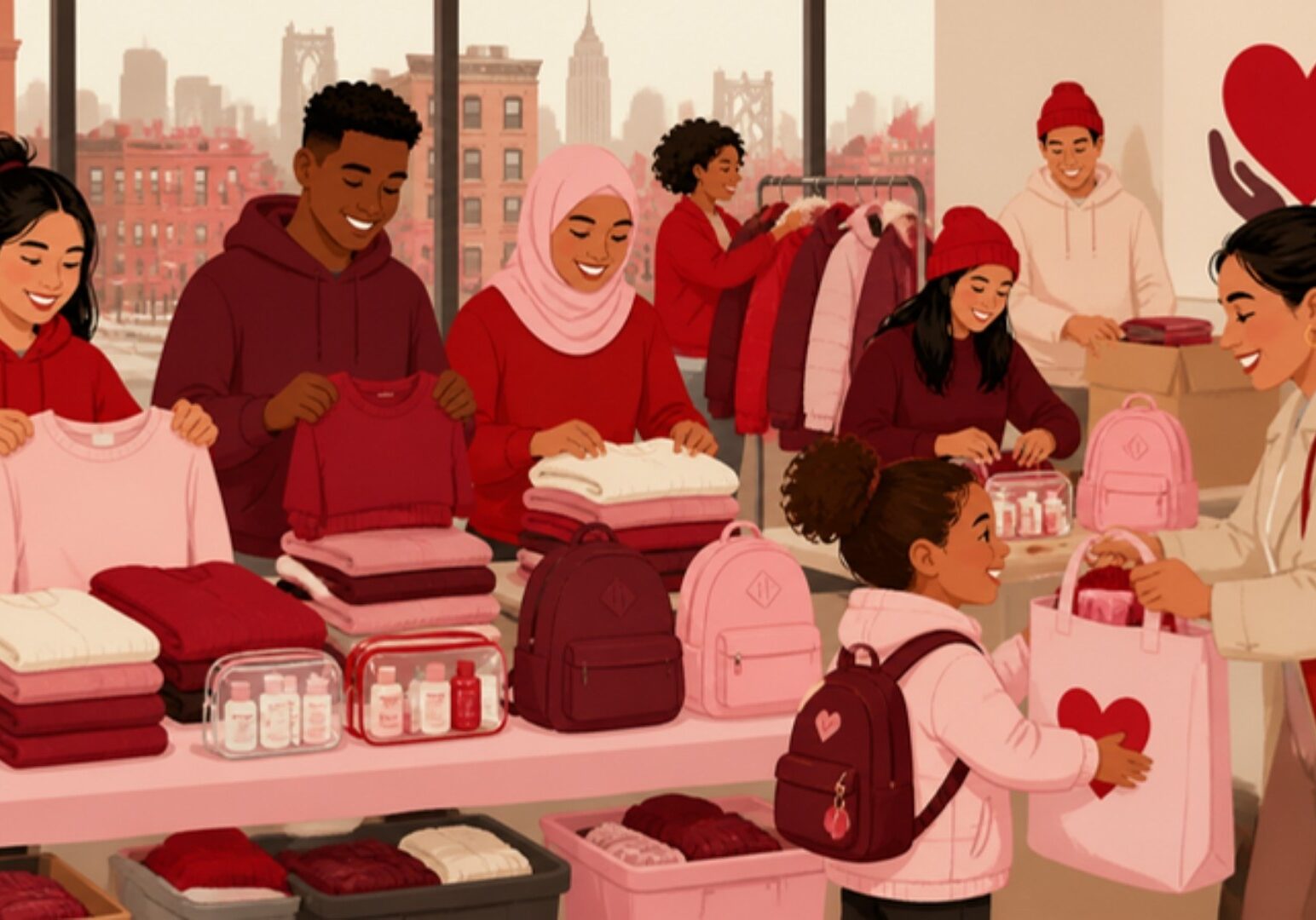 Illustration of volunteers distributing clothing and essentials at a community drive