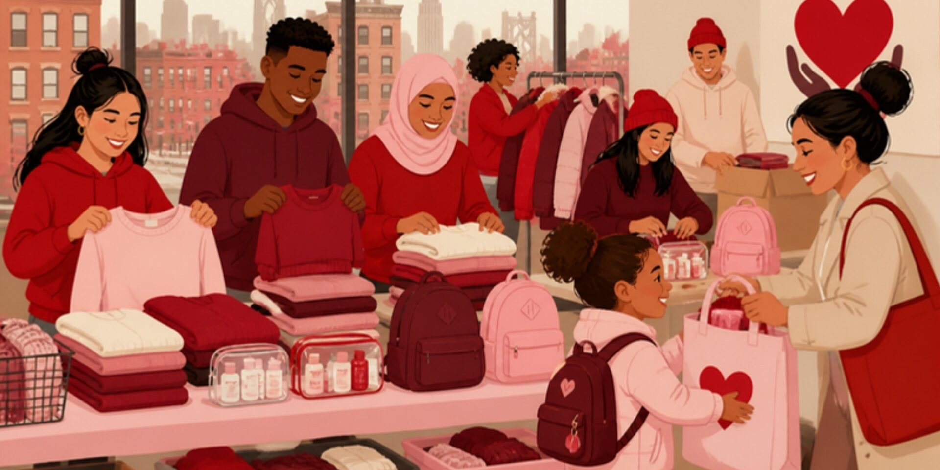 Illustration of volunteers distributing clothing and essentials at a community drive
