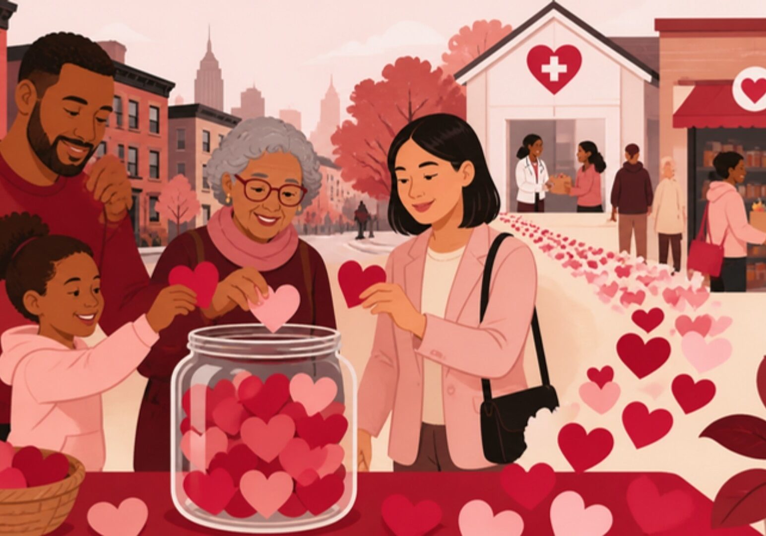 Illustration of neighbors adding hearts to a donation jar for community programs