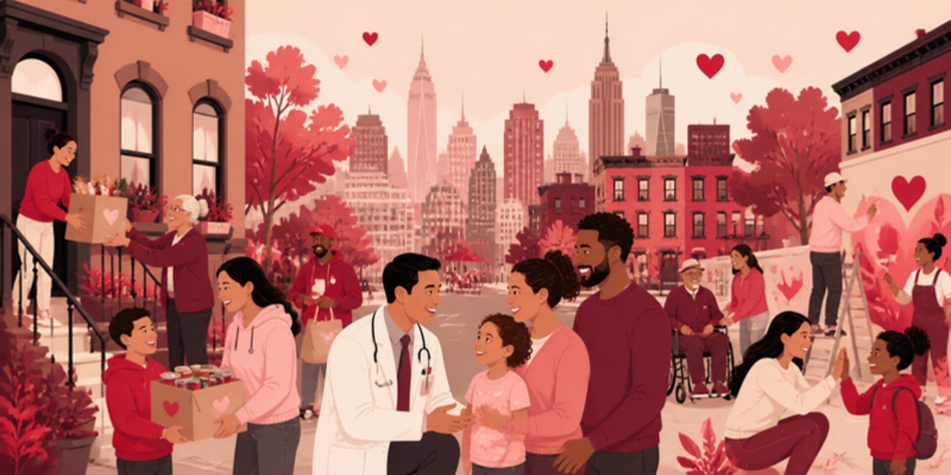 Illustration of New York City neighbors helping one another on a city street