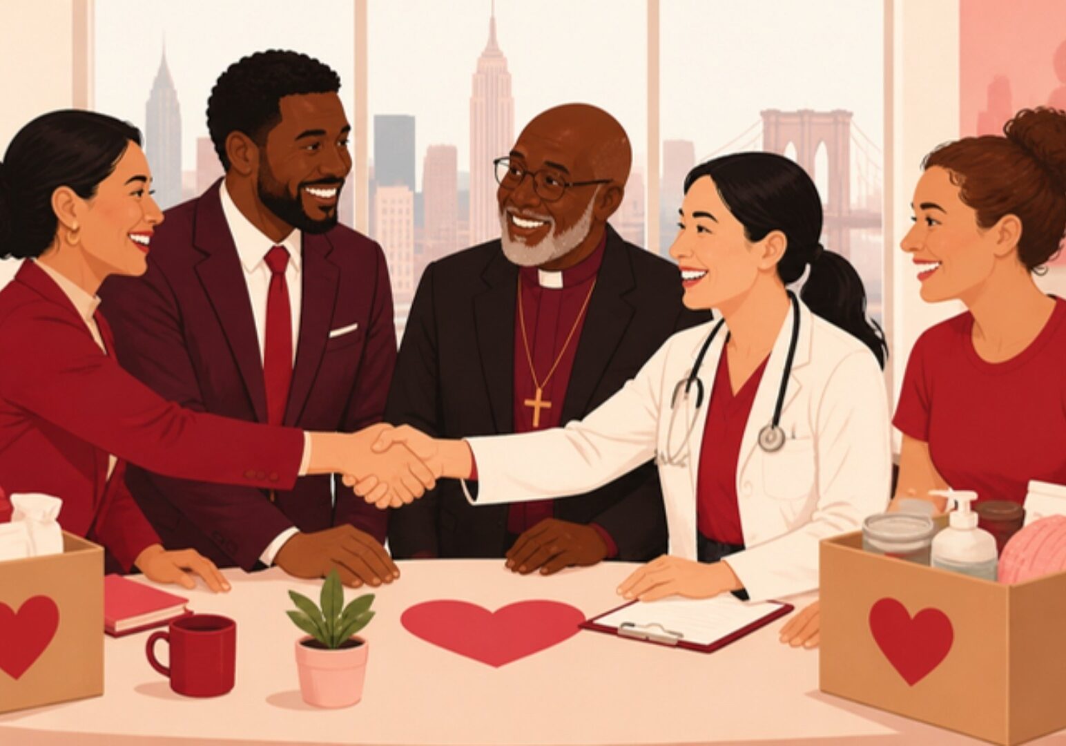 Illustration of community partners shaking hands with a Hearts Unbound doctor